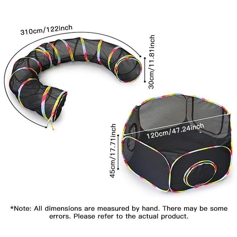 Foldable pet tunnel set with breathable mesh fabric, black color, for indoor and outdoor use, suitable for cats and small dogs.