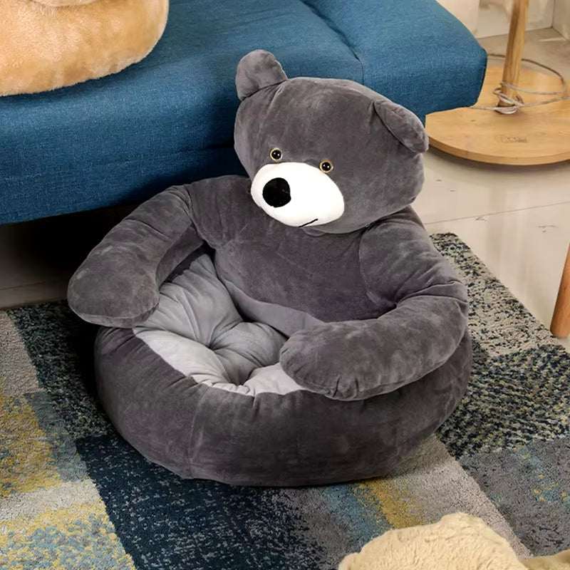 Ultra Soft bear-shaped cat bed with semi-enclosed design on a living room floor.