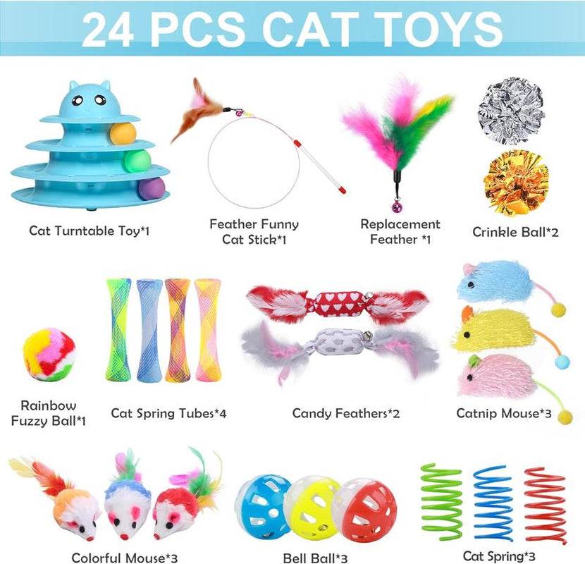MeowMotion™ 24-pack cat toys set including cat turntable, feather sticks, crinkle balls, and more for active play.