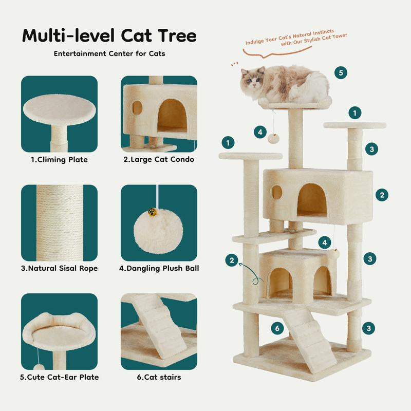 MeowEssentials™ MultiFun Kattemøbel - Multi-Level Cat Tree for Climbing, Scratching, and Resting, Features Cozy Cat Houses and Sisal Rope Posts.
