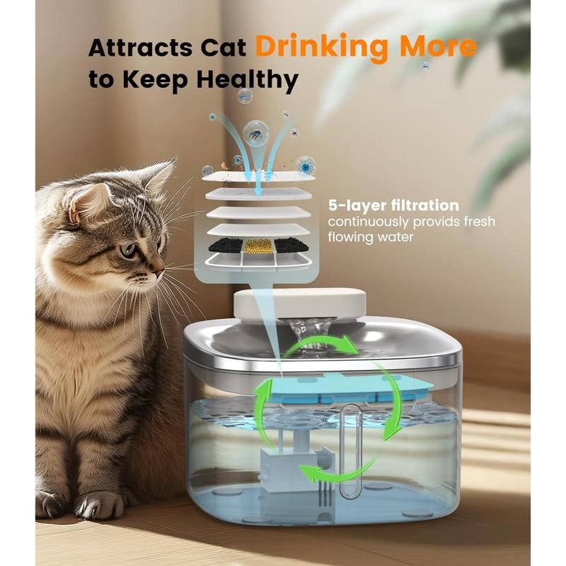 Oneisall Wireless Cat Fountain with motion sensor and 5-layer filtration system in stainless steel, promotes hydration for cats and small dogs.