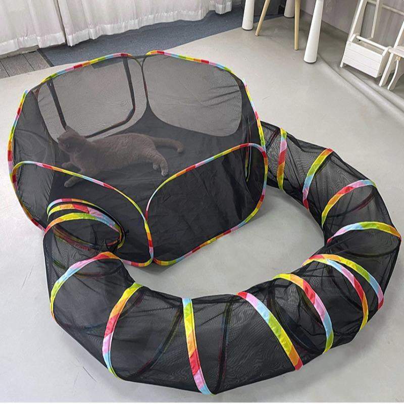 Foldable pet tunnel set with breathable mesh for indoor and outdoor use.
