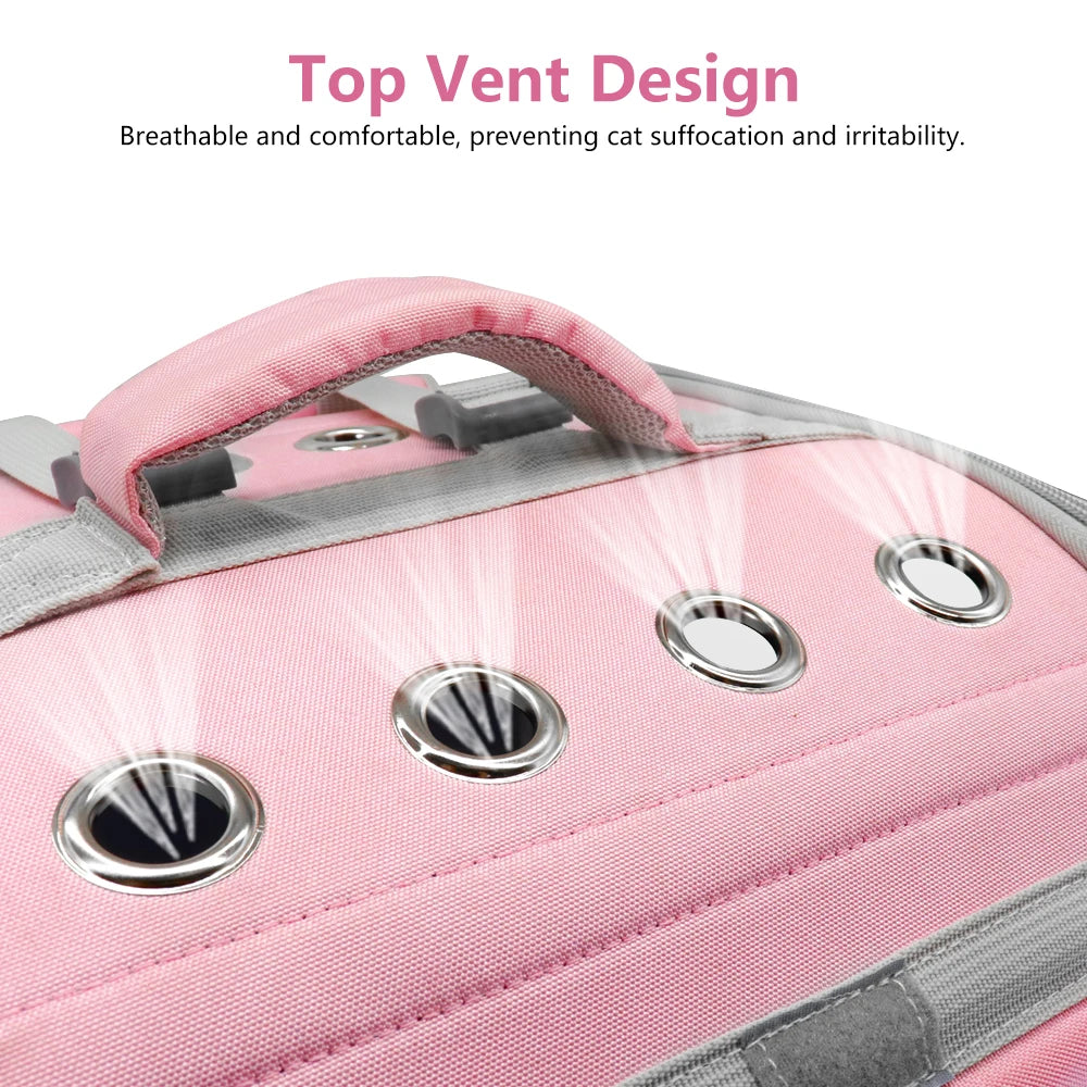 Breathable pink cat carrier backpack with top vent design for comfort and style.