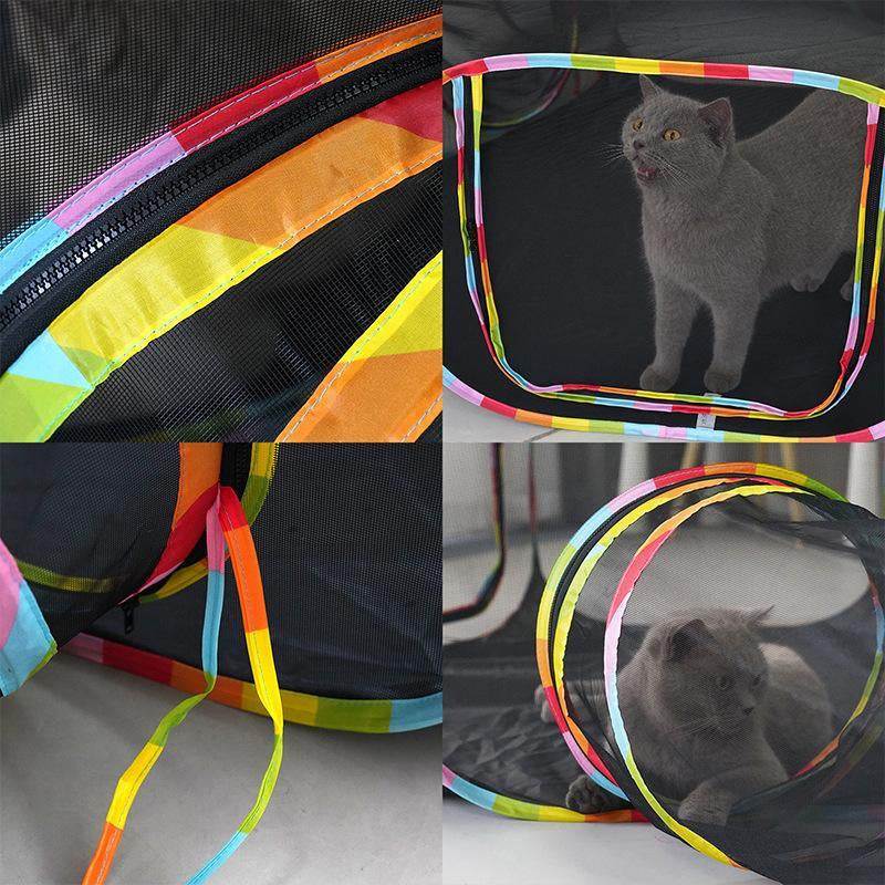 Foldable pet tunnel set with breathable mesh and colorful trim for indoor and outdoor use.
