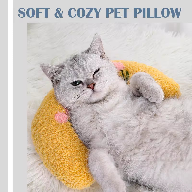 Soft U-Shaped Cat Pillow with Relaxed Grey Cat on Yellow Cushion