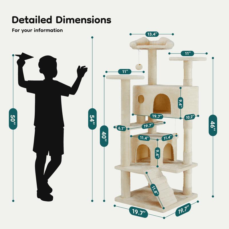 Cat climbing shelf dimensions illustration with multi-level tower featuring platforms, cozy houses, sisal-wrapped posts, and hanging toys.
