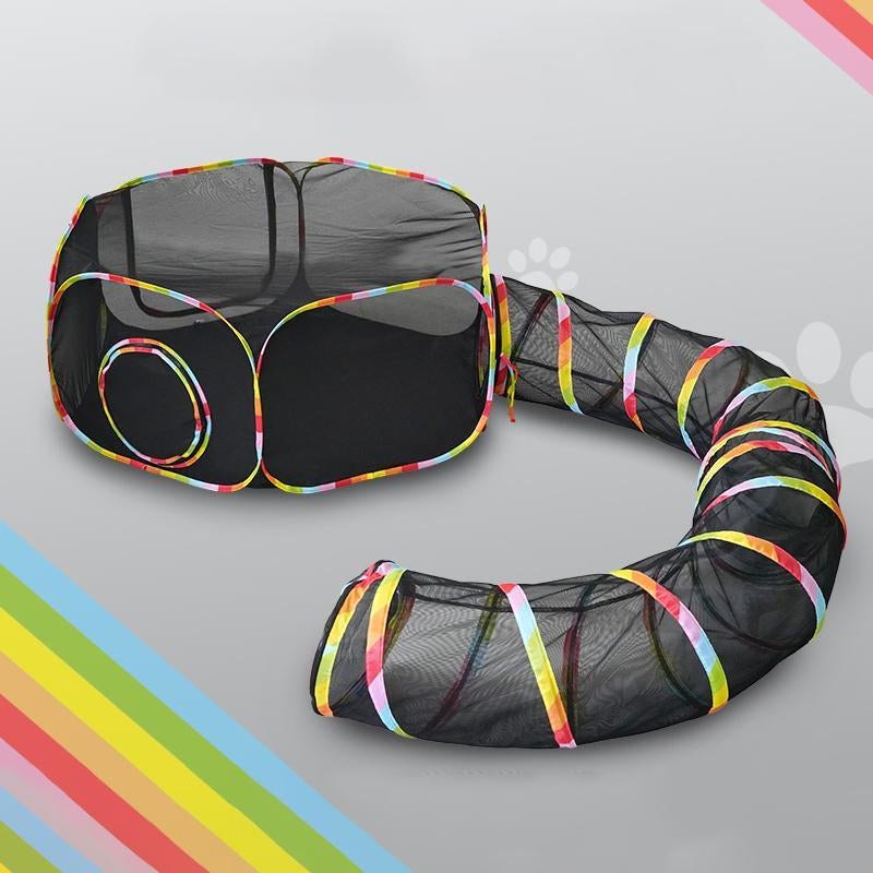 Foldable pet tunnel set with colorful mesh design for indoor and outdoor use.