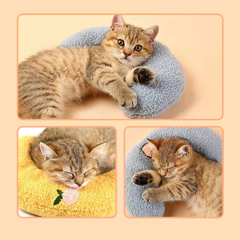 U-Shaped Cat and Small Dog Pillow; soft, calming bed for pets, blue and yellow designs, promotes deep sleep.