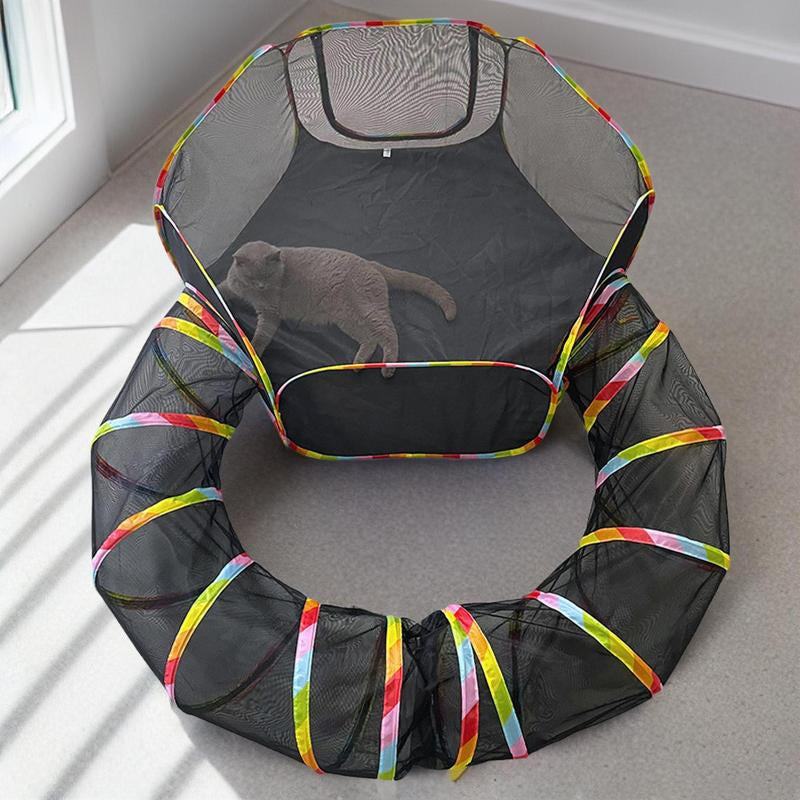 Foldable pet tunnel set with mesh design for indoor and outdoor use, featuring a cat inside.