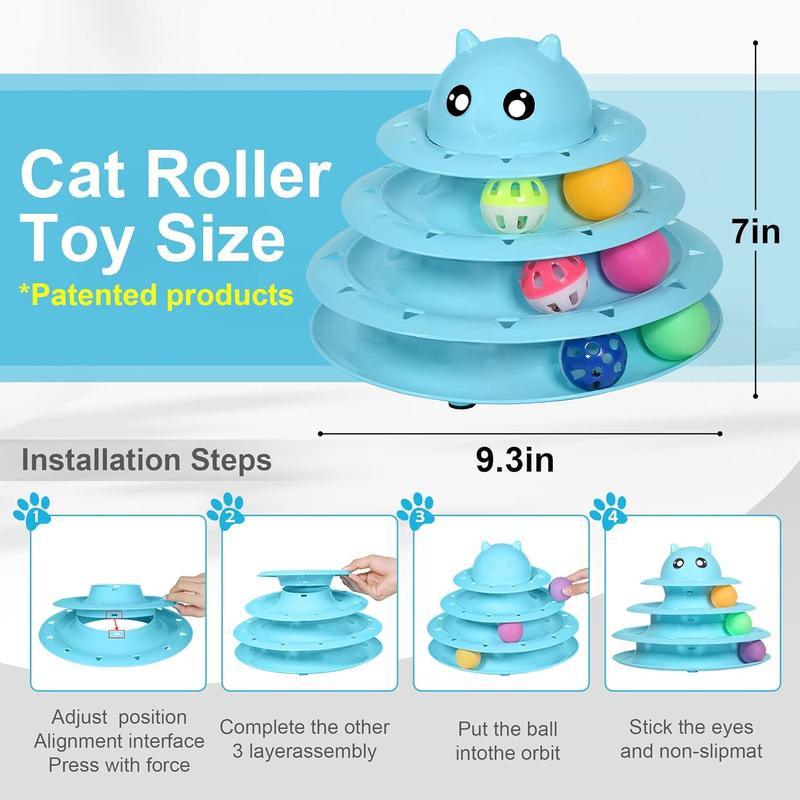 24-pack cat toy set featuring interactive roller tower, various toys, and teaser wand for active play.