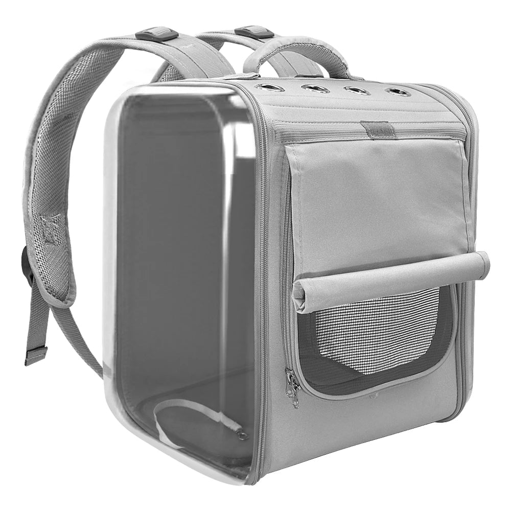 Portable cat carrier backpack with breathable mesh panels, suitable for small pets.