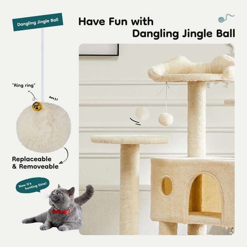 Cat climbing shelf with multi-level platforms, cozy houses, sisal-covered posts, and dangling jingle balls for playful stimulation.