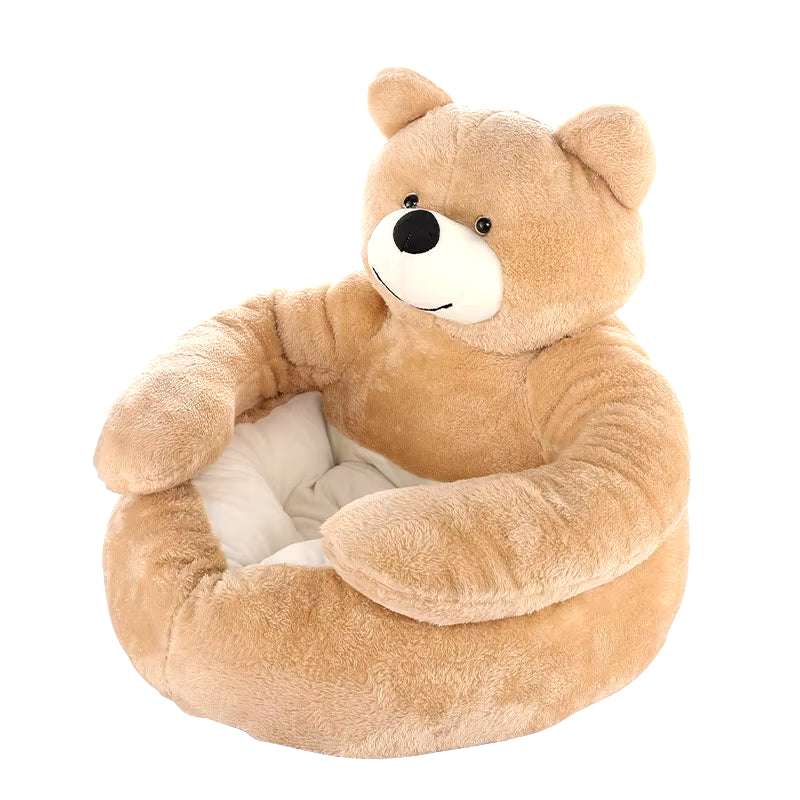 Ultra soft bear-shaped cat bed with cozy, semi-enclosed design and plush fabric.