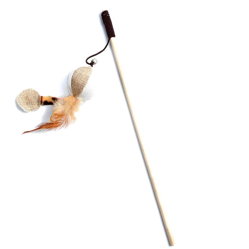 Colorful feather cat toy with long rod for interactive play.