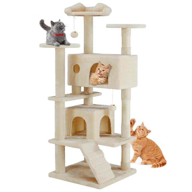 Cat climbing shelf with multiple levels, sisal-wrapped posts, cat houses, and hanging toys for play and rest.