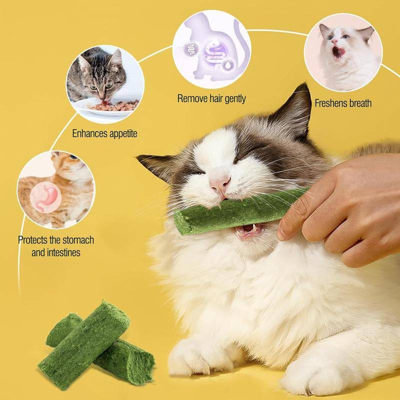 Cat enjoying PurrWell™ Cat Grass Tyggepinner with chicken; supports dental health, reduces hairballs, and enhances mood.