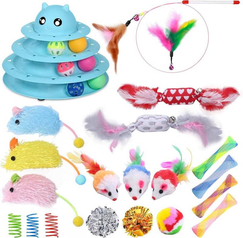 24 PCS Cat Toys Set for Playful Cats - Includes tower with balls, feather teaser, plush mice, and crinkle balls.