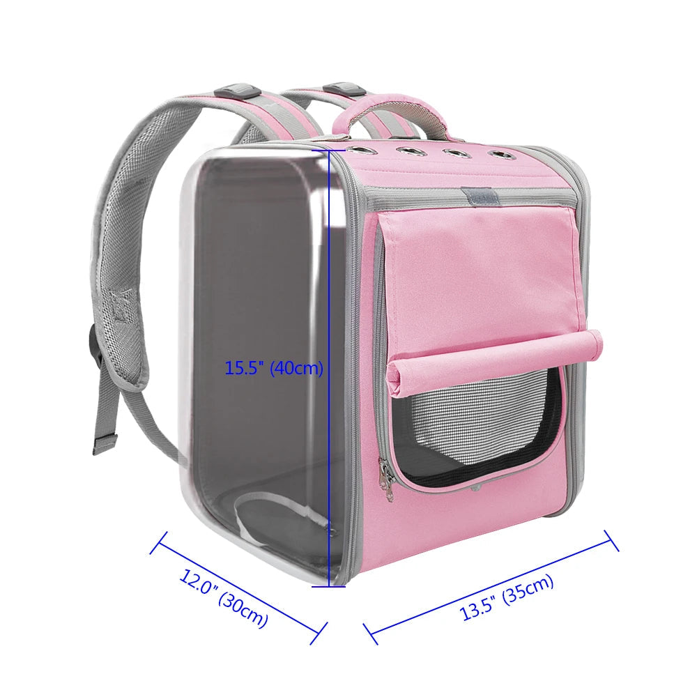 Pink MeowEssentials™ cat carrier backpack with breathable mesh panels and adjustable straps.