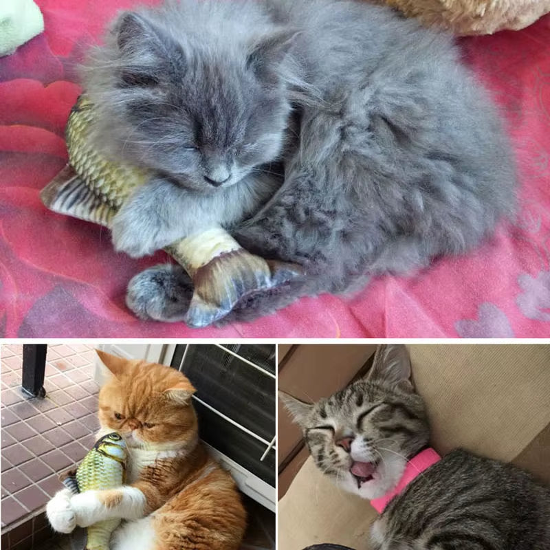 Fish-shaped catnip chew toys for cats, MeowEssentials™ RealFish Bite, realistic plush, available in multiple sizes, ideal for interactive play and cuddling.