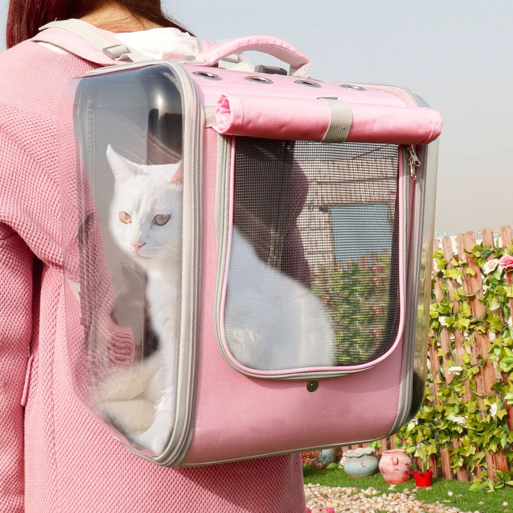 Portable pink cat carrier backpack with breathable mesh and adjustable straps, ideal for small pets.