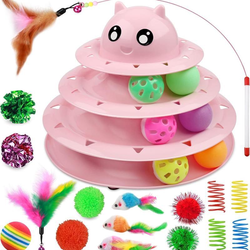24 PCS Cat Toys set with interactive teaser wand, rolling ball tower, feather balls, and mice for playful kittens.