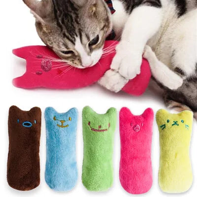 Teeth grinding catnip toy for cats, colorful plush design, promotes dental health and interactive play with irresistible catnip.