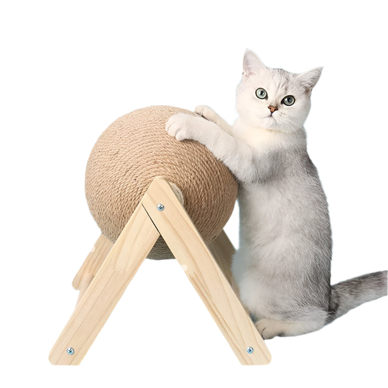 Cat playing with a wooden and sisal scratching ball toy on a stable base.