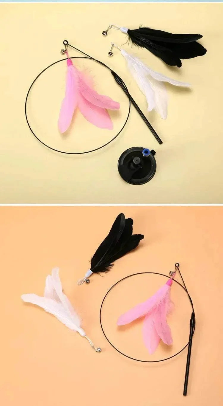 Interactive cat toy with feather attachments and flexible wand, ideal for simulating prey movement and engaging cats.