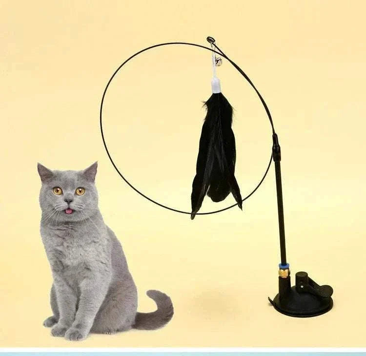Interactive cat toy with feather wand and flexible pole, perfect for stimulating cats' hunting instincts.