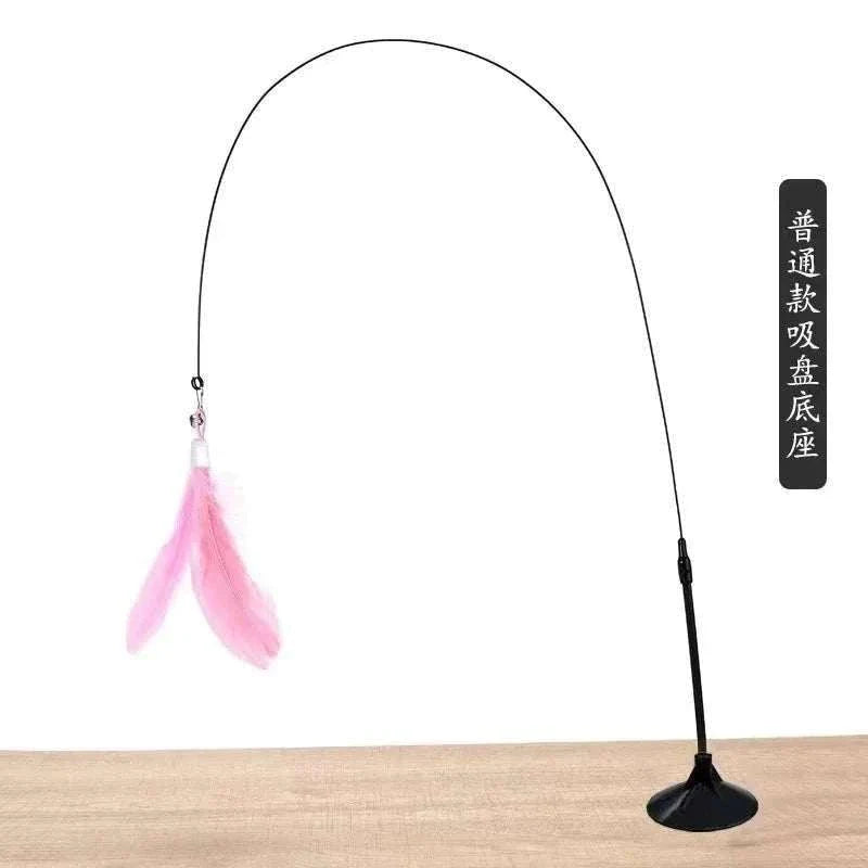 Interactive cat toy with a flexible wand and pink feather attachment for engaging playtime.