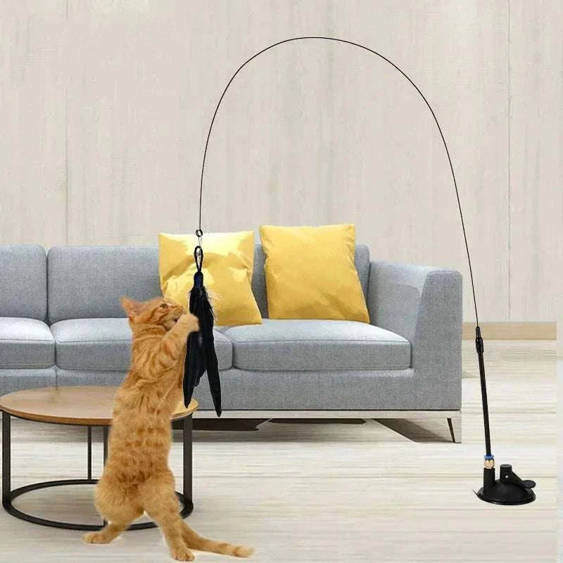 Interactive feather wand cat toy with flexible rod for playful hunting, engaging instincts, and strengthening bonds.