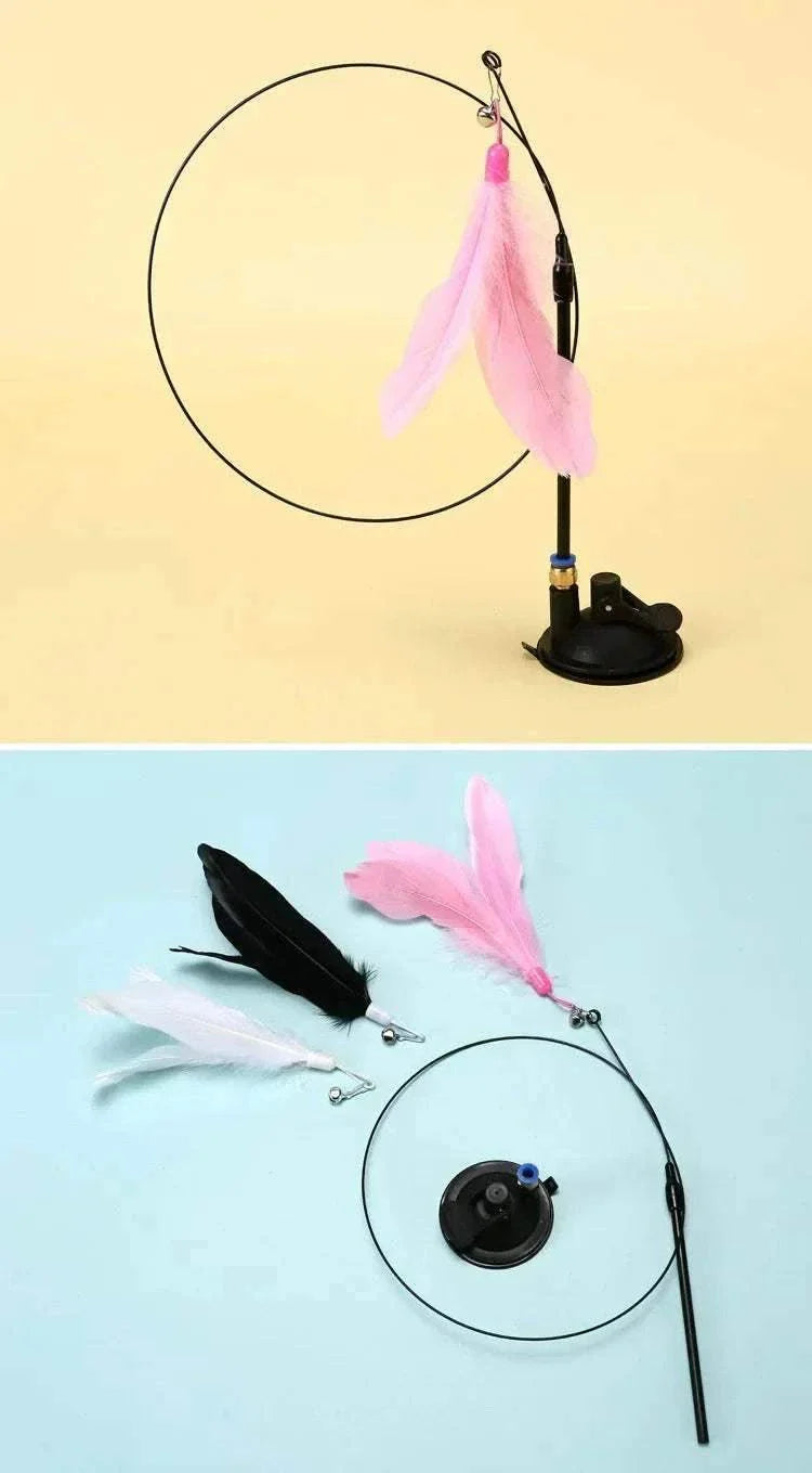 Interactive cat toy with feathers and flexible wand for engaging play.