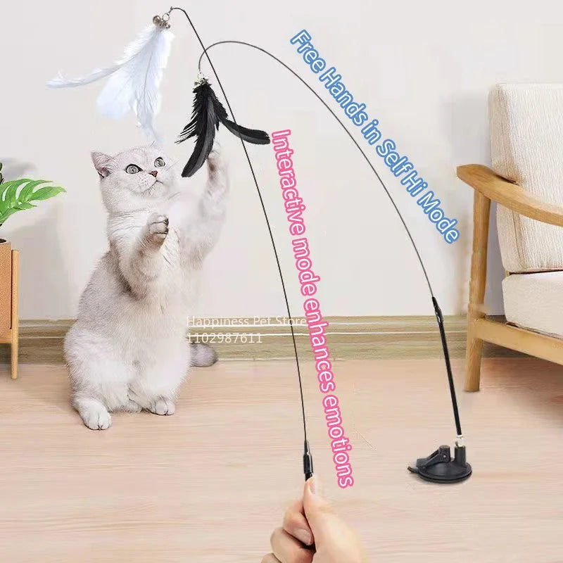 Interactive feather wand toy for cats with durable stick and natural feathers.
