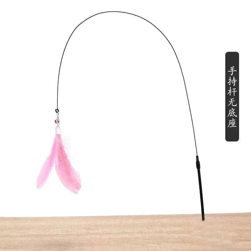 Interactive cat toy wand with pink feathers for playful hunting simulation.