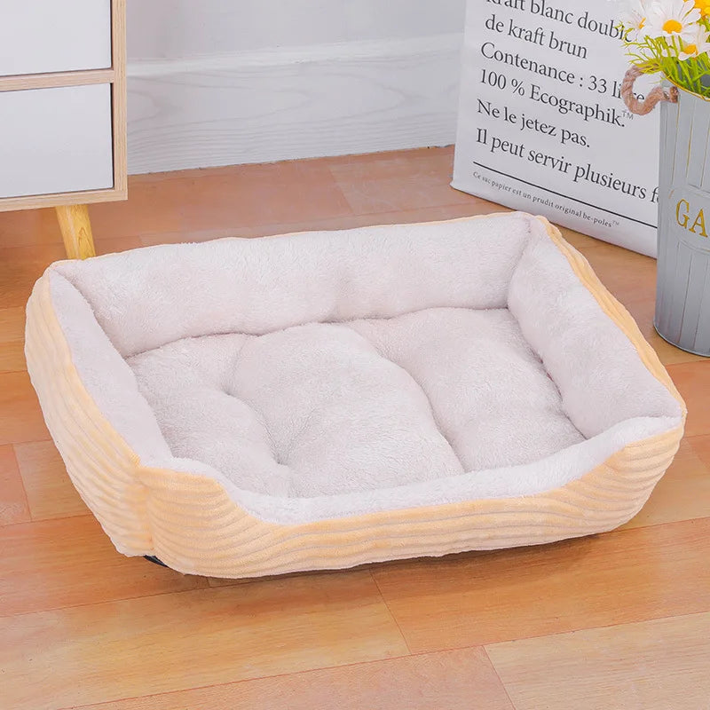 Color square bed warm breathable and comfy cat bed on wooden floor, ideal for year-round use.