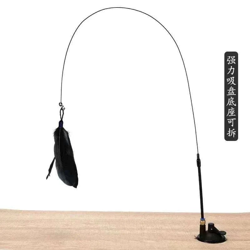 Interactive cat toy with feathers on a flexible wand, designed for engaging play and enhancing bond with cats.