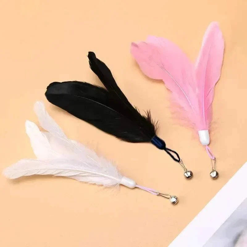 Interactive cat toy with natural feathers and flexible wand for stimulating hunting instincts.