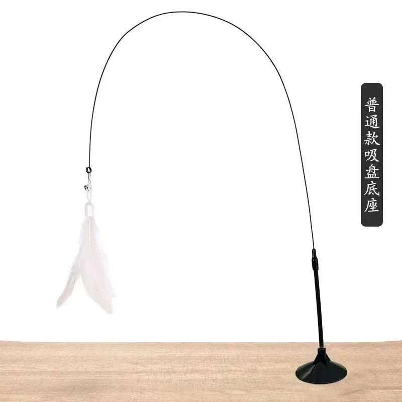Interactive cat toy with feathers and wand for stimulating play.
