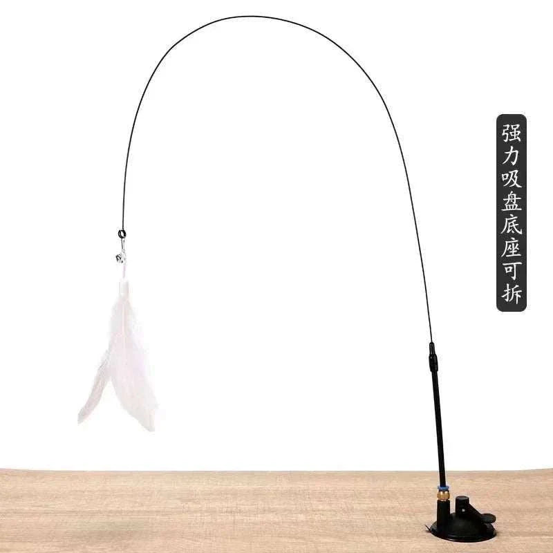 Interactive cat toy with feathers on a flexible wand for playful bonding.