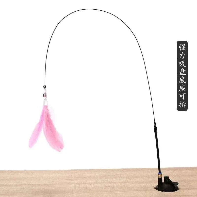 Interactive cat toy wand with pink feathers for hunting play.