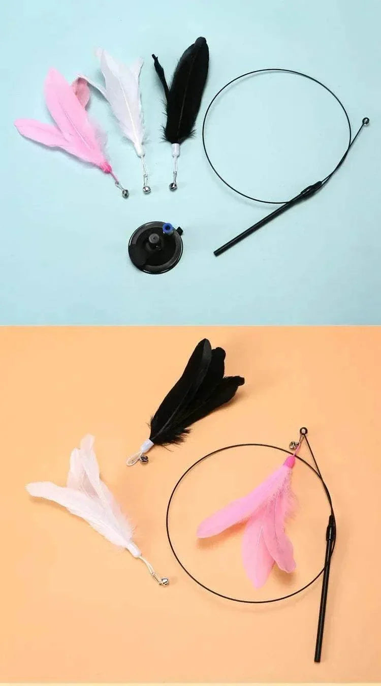 Interactive cat toy with feathers and flexible wand for playful engagement.