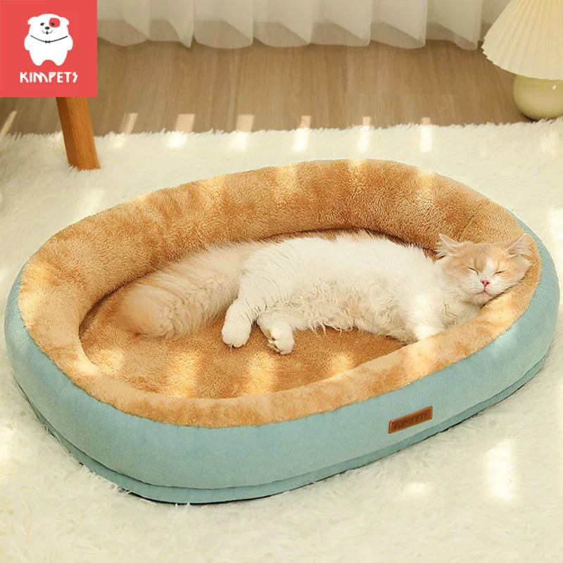Kimpets cat bed with a sleeping white cat, showcasing a soft, plush interior designed for warmth and comfort.