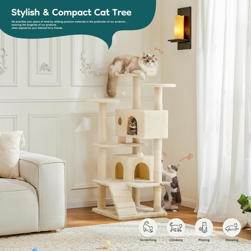 Stylish and compact cat tree with multiple levels, sisal-wrapped posts, cozy houses, and hanging toys for scratching, climbing, and relaxing.