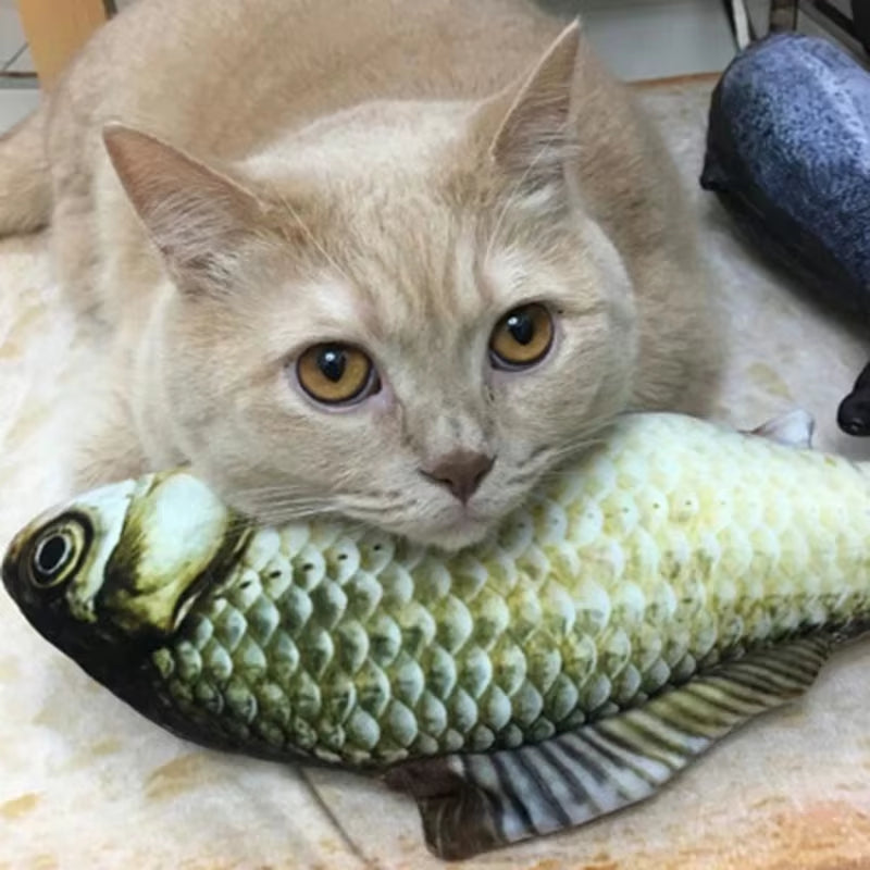 Realistic fish-shaped catnip chew toy held by a cat.