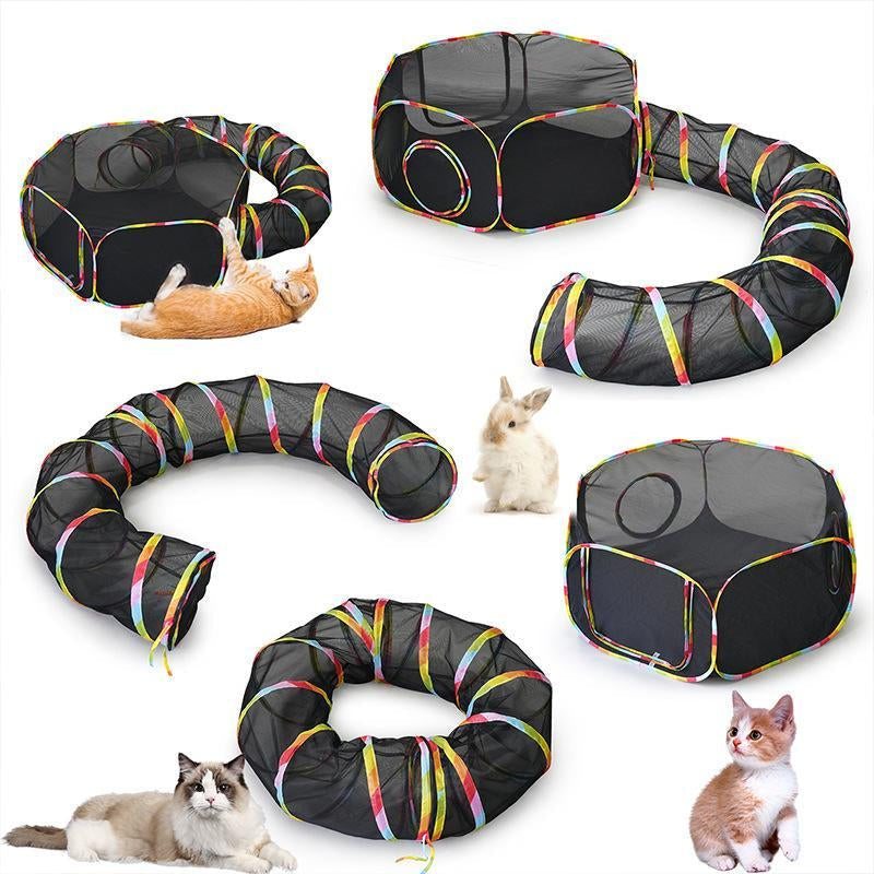 Foldable pet tunnel set for indoor and outdoor use with breathable mesh design.