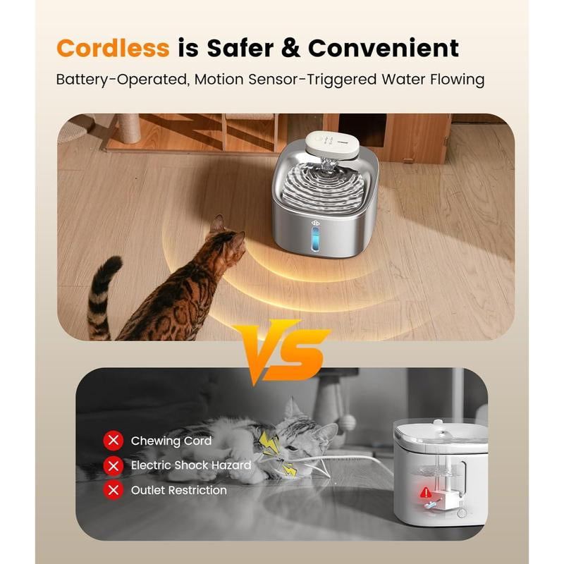 Cordless stainless steel cat water fountain with motion sensor, safe and convenient for pets.