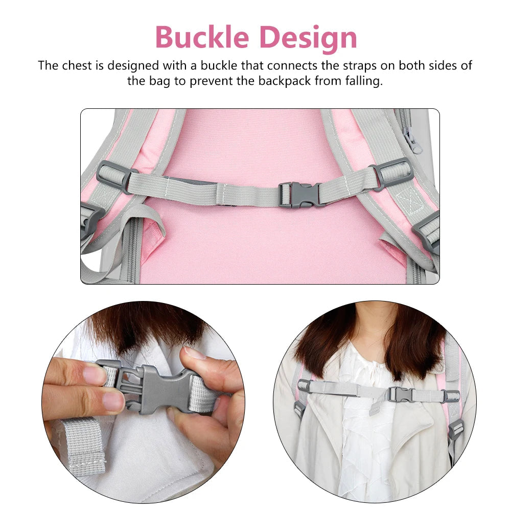 Cat carrier backpack with buckle design for secure fit and adjustable straps for comfort.