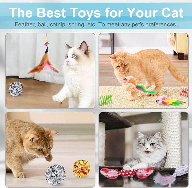 24 PCS Cat Toys featuring feather, ball, catnip, and spring for active play and entertainment.