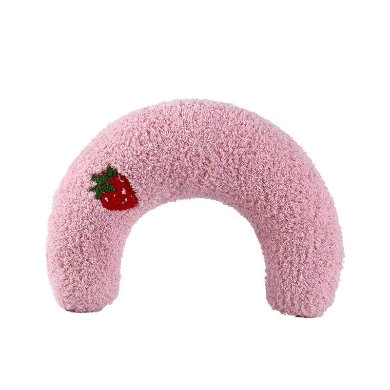 U-Shaped pink cat and small dog pillow with strawberry design.
