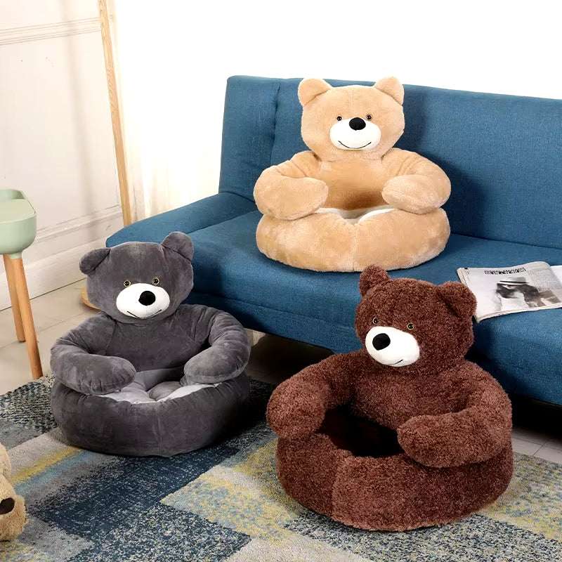 Ultra soft bear-shaped cat bed with removable cushion, half-enclosed design, plush material, non-slip bottom, ideal for cats and small dogs.